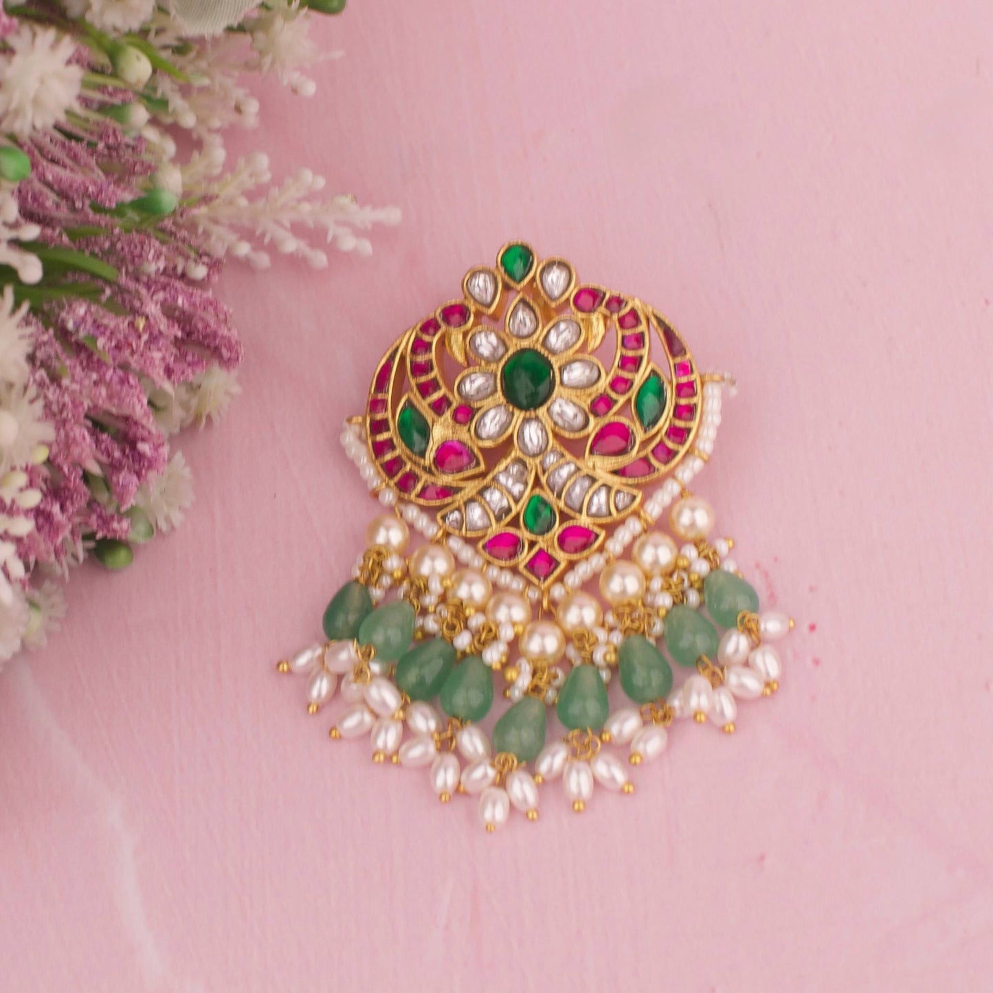 Peacock Design Jadau Kundan Pendant With Guttapusalu Hangings