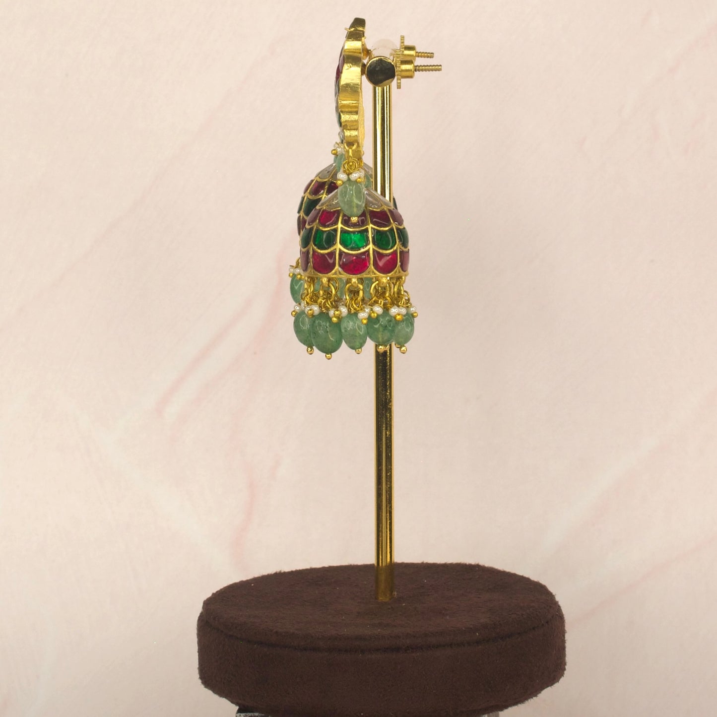 Charming Peacock Jadau Kundan Jhumkas with Green Beads