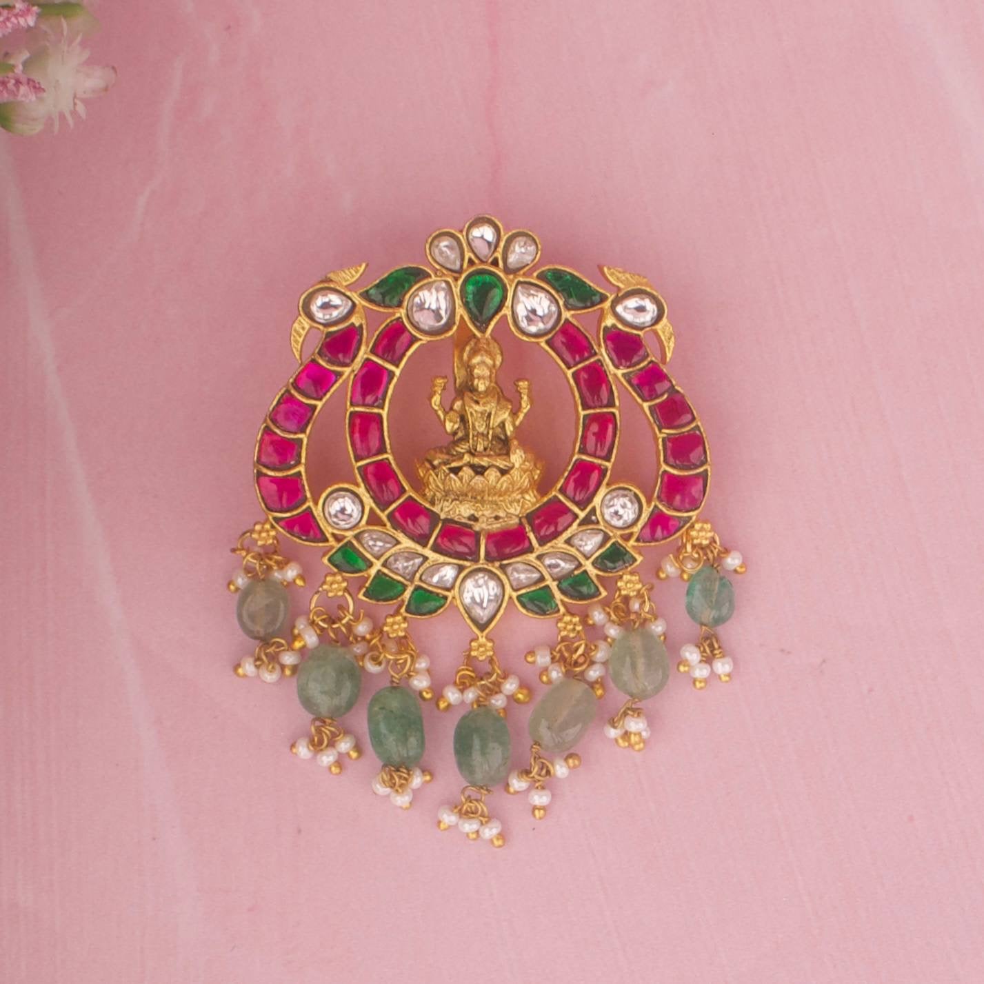 Elegant Laxmi Devi Locket With Emerald Green Beads