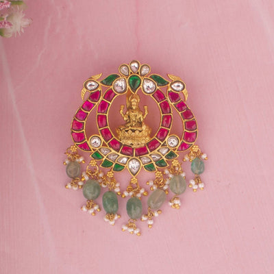 Elegant Laxmi Devi Locket With Emerald Green Beads