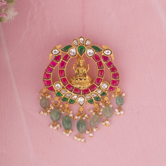 Elegant Laxmi Devi Locket With Emerald Green Beads