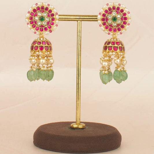 Intricate floral Design Studded Jadau Kundan Jhumki with Green beads