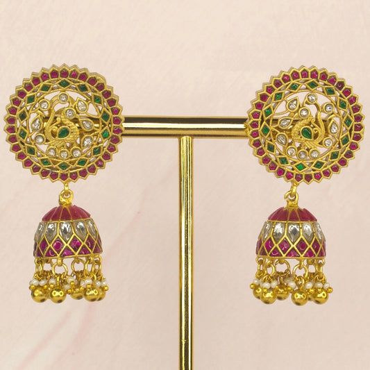 Peacock Elegance Jadau Kundan Jhumkas with Emerald