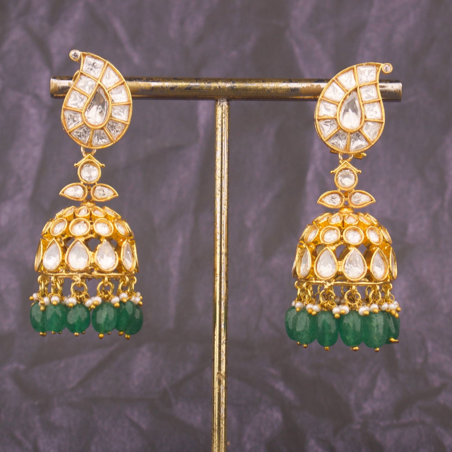 Moissanite Jhumki Earrings With Emerald Hangings