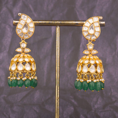 Moissanite Jhumki Earrings With Emerald Hangings