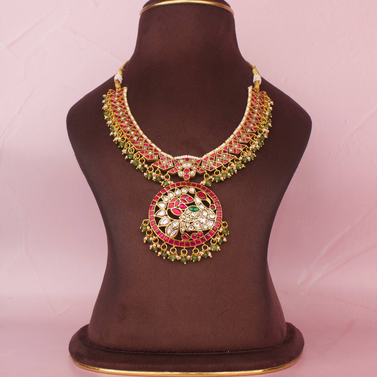 Sleek Jadau Kundan Necklace With Peacock Locket