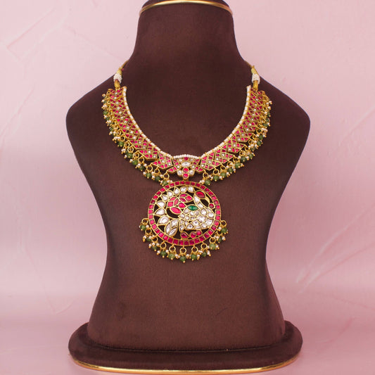 Sleek Jadau Kundan Necklace With Peacock Locket