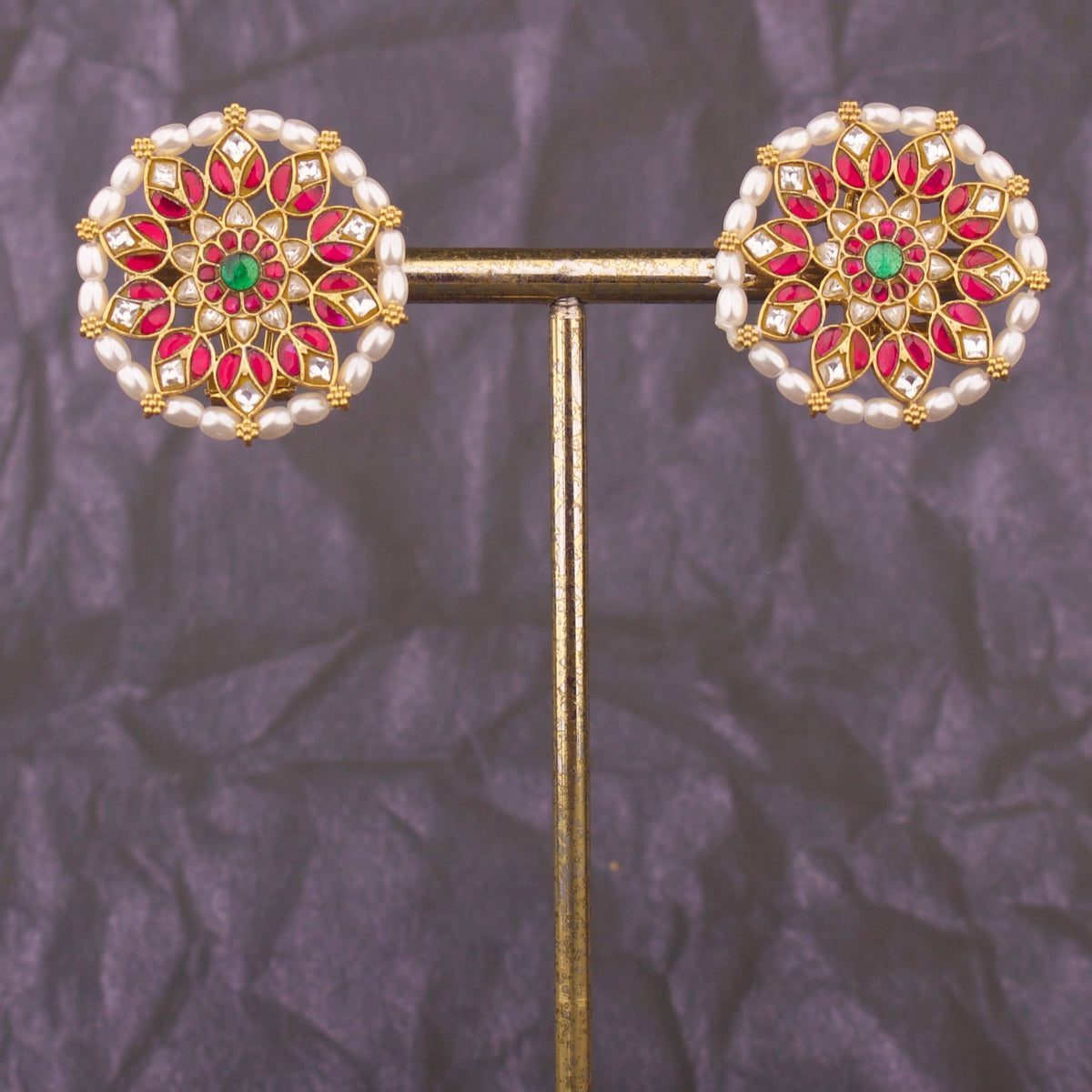 Ethnic Jadau Kundan Stud Earrings With Pearl Bordering