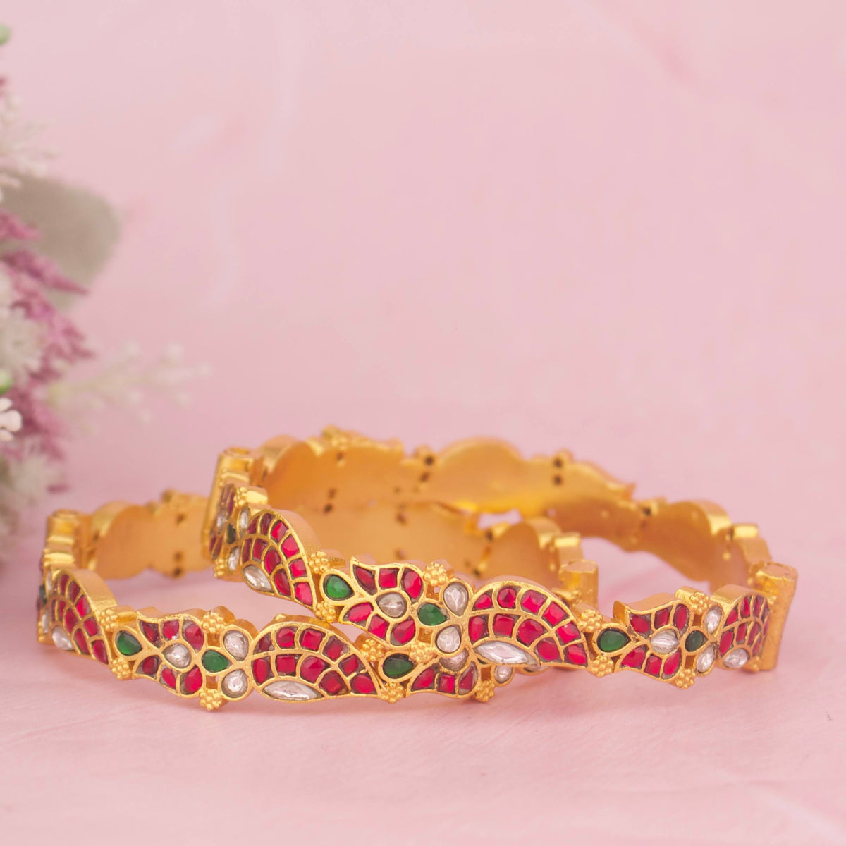 Elegant Gold Style Jadau Kundan Bangles - Handcrafted Indian Bridal Jewelry by Dulhan Jewels
