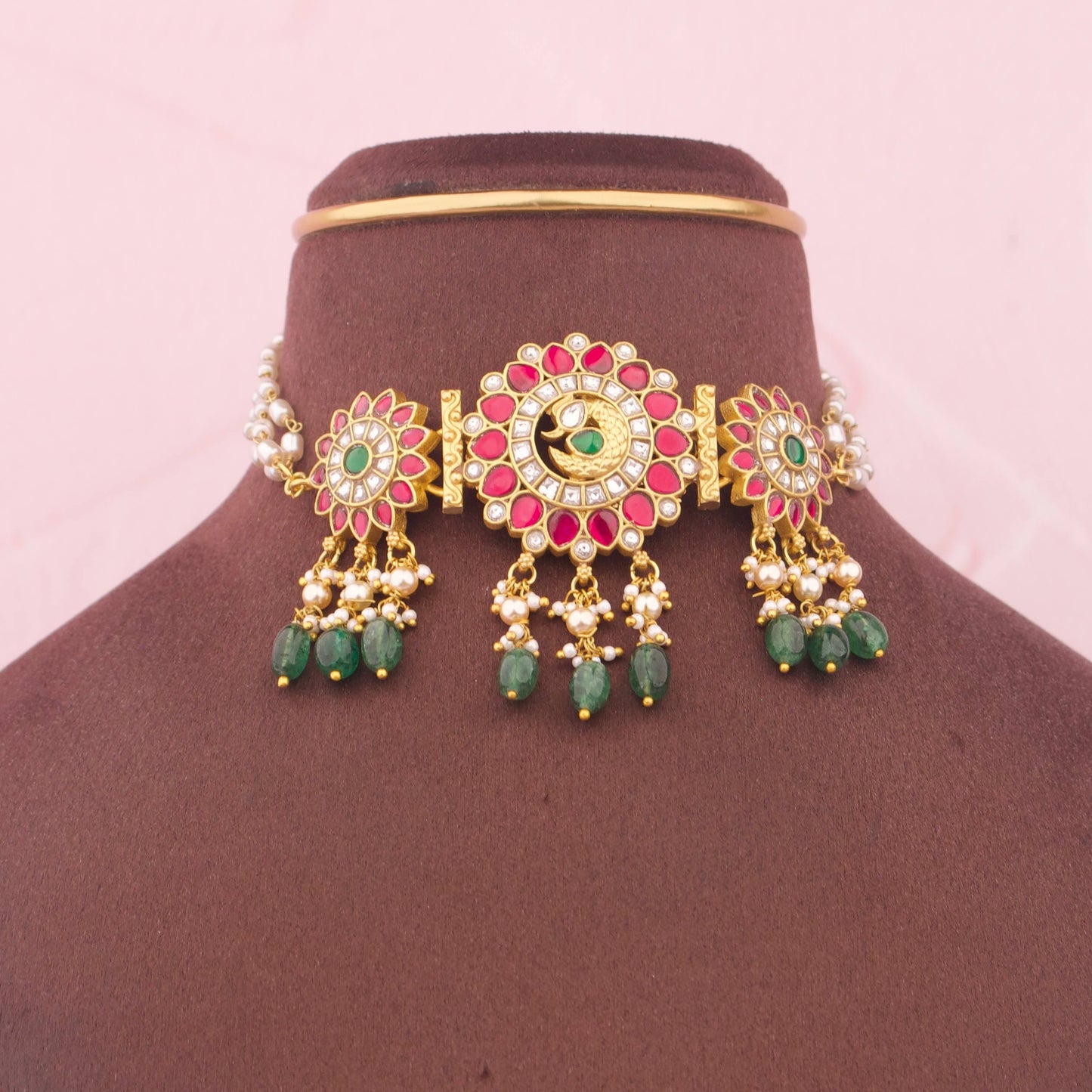 Exquisite Jadau Kundan Choker Green Bead Drops