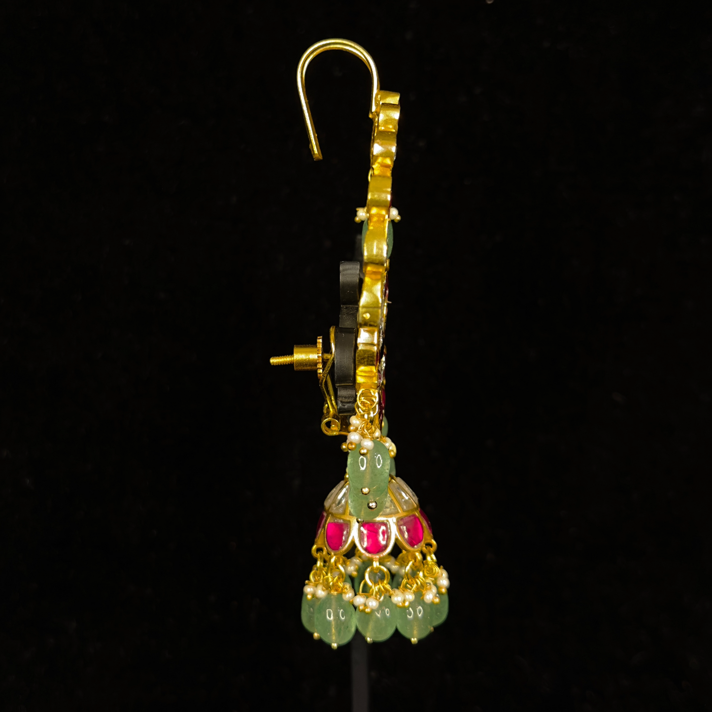 Majestic Peacock Earcuff Jadau Kundan Jhumkas with Emerald Beads