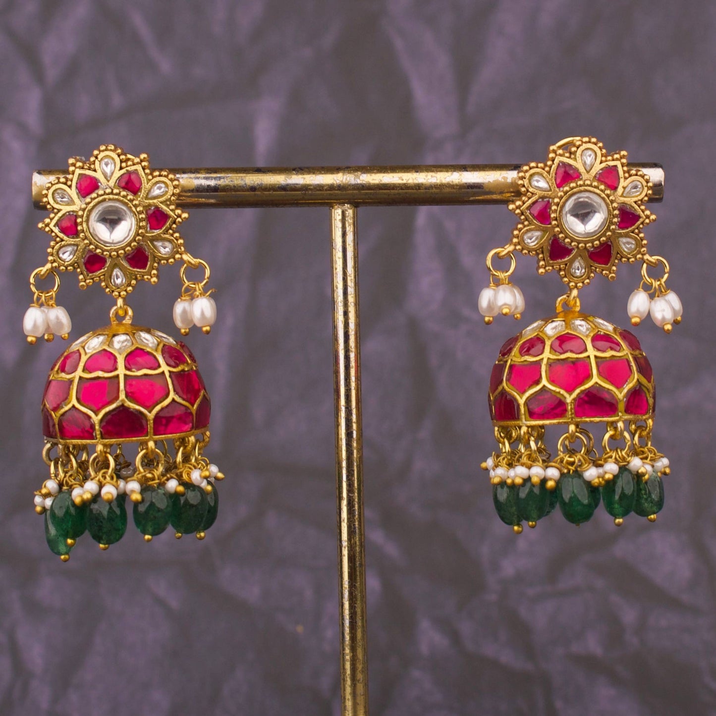 Designer Jadau Kundan Jhumka Earrings With Ruby Stones and Green Drops