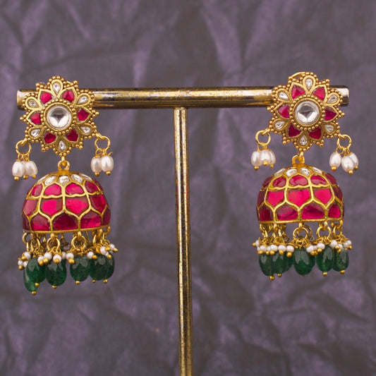 Designer Jadau Kundan Jhumka Earrings With Ruby Stones and Green Drops