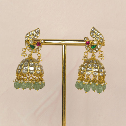 White Jadau Kundan Jhumka with Peacock Motif