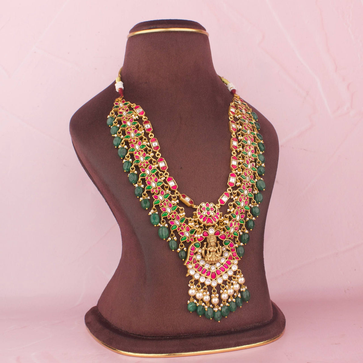 Premium Jadau Kundan Long Necklace Set With Goddess Lakshmi Pendant - Alternate View 2