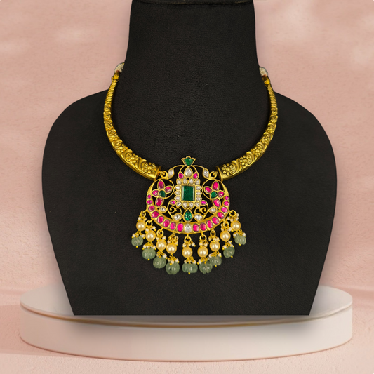 Exquisite Jadau Kundan Kanti Necklace with Pearl and Emerald Drops