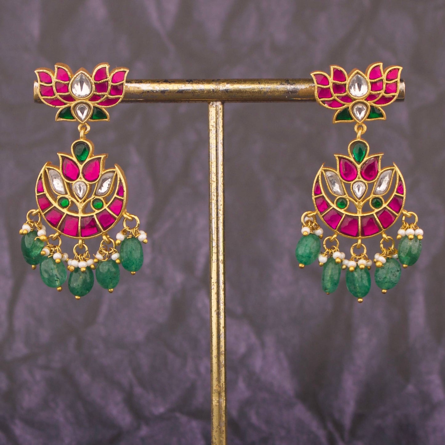 Lotus Design Jadau Kundan Chandbali Earrings With Emerald Drops