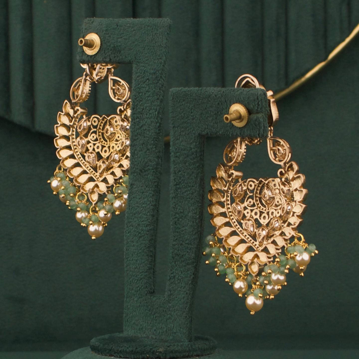 Bridal Polki Victorian ChandBali with Swarovski Pearls Craftsmanship & Detail View - Dulhan Jewels