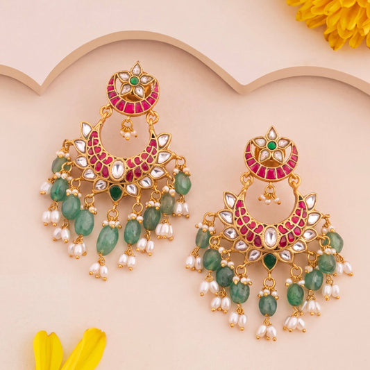 Floral Studded Jadau Kundan Chandbali Earrings With Beads And Ricepearl Hangings - Handcrafted Indian Bridal Jewelry by Dulhan Jewels