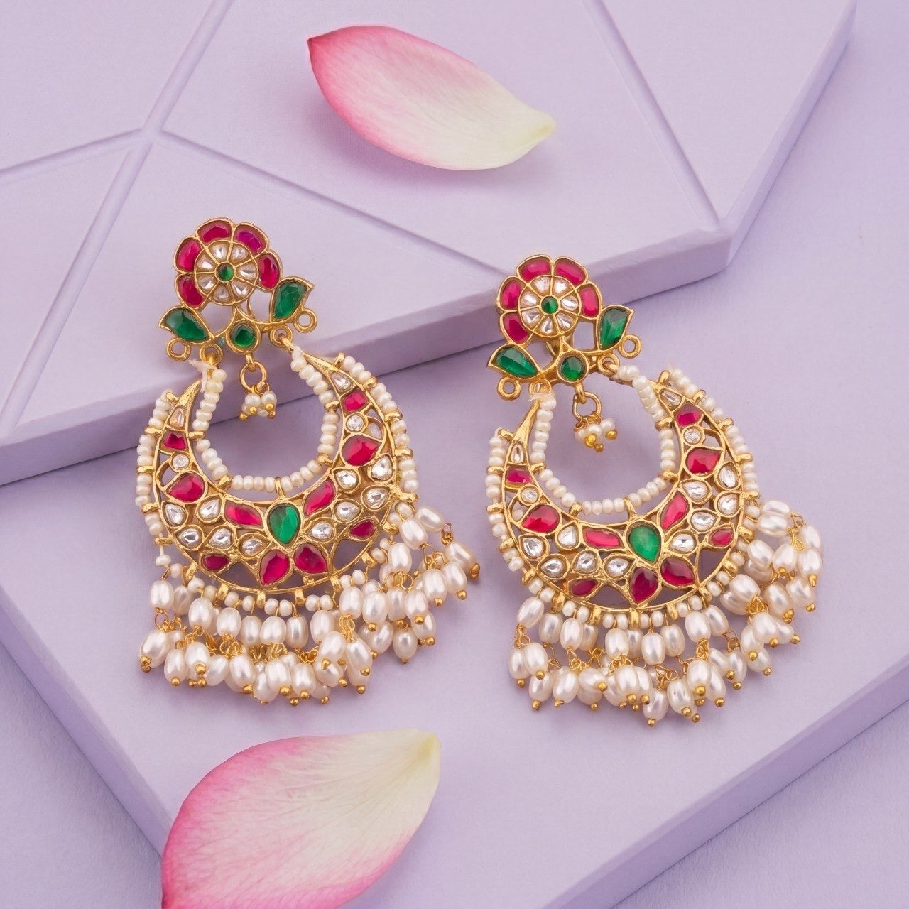 Bridal Jadau Kundan Chandbali Earrings With Multipearl Hangings