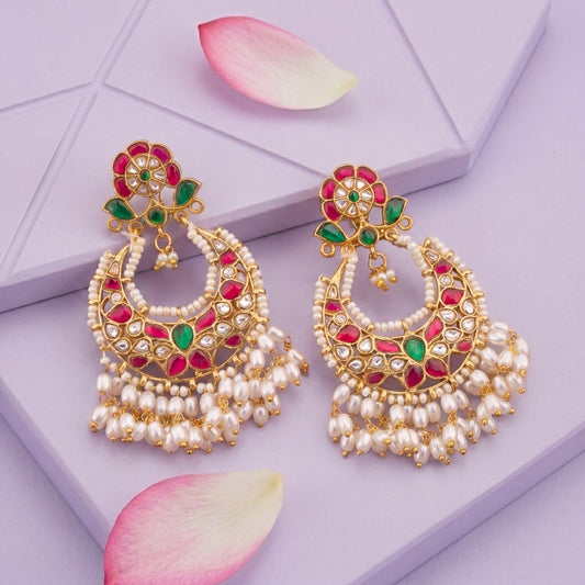 Bridal Jadau Kundan Chandbali Earrings With Multipearl Hangings