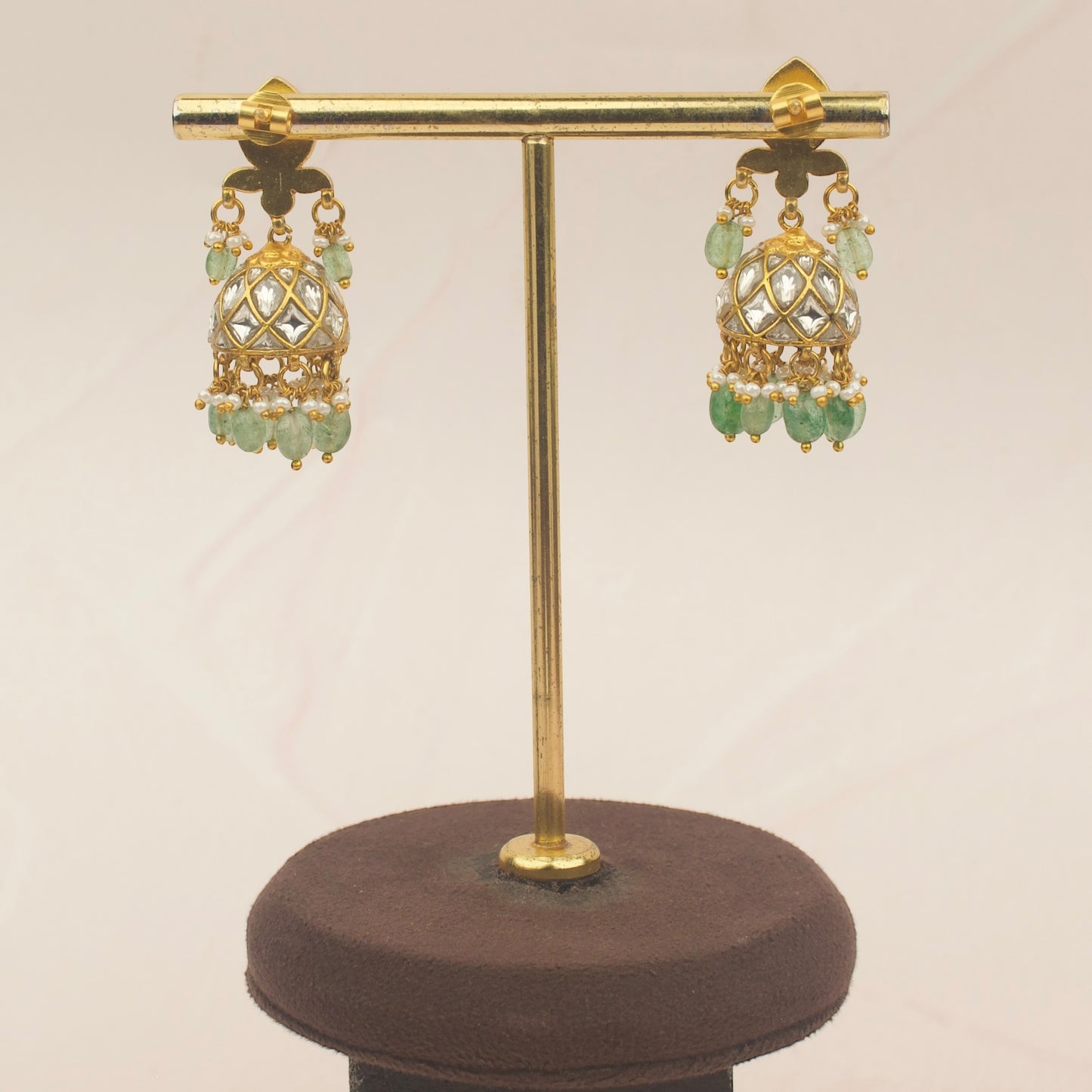 White Stone Jadau Kundan Jhumka Earrings With Green Beads