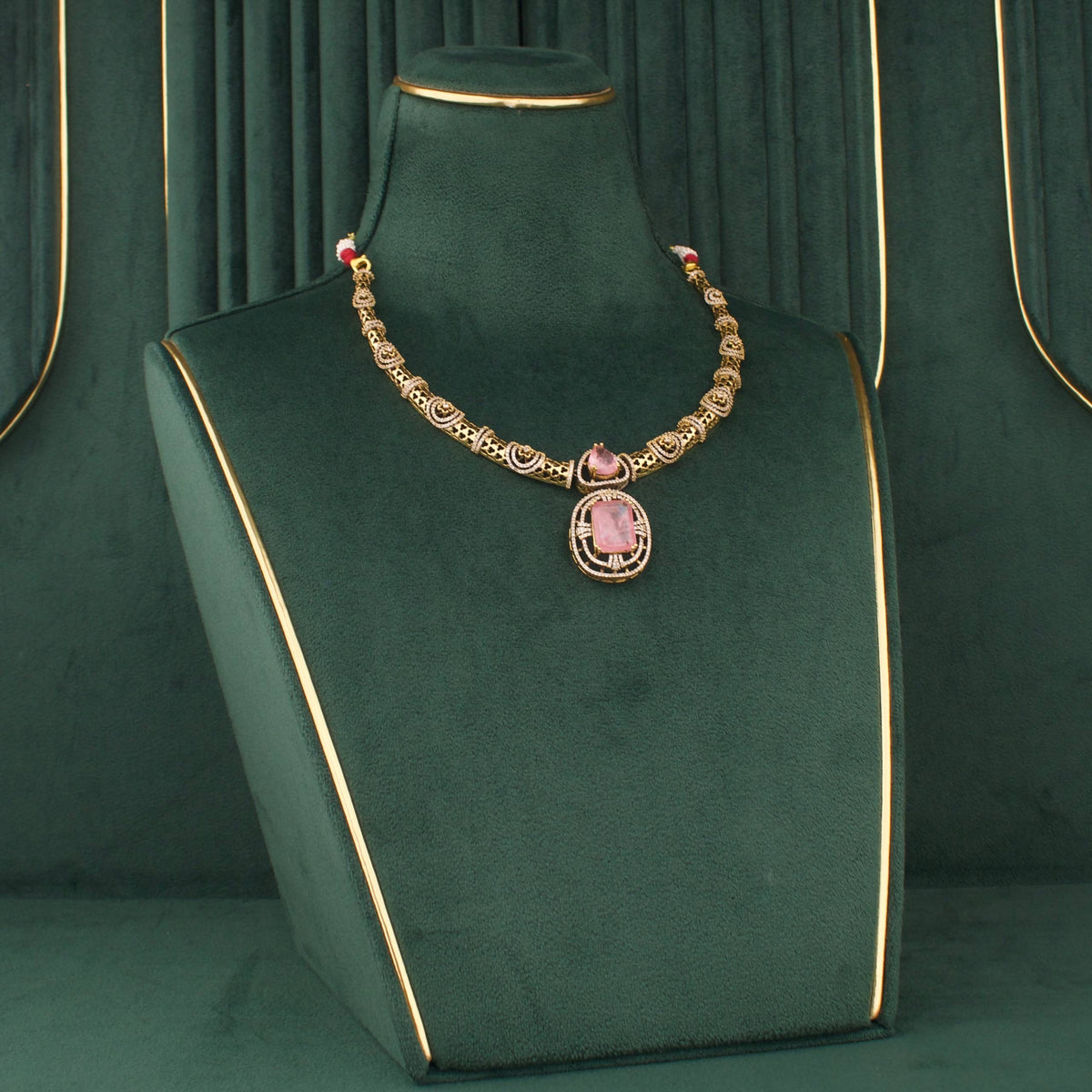 Sleek Victorian Short Necklace With Earrings Close-up Design & Gemstone Detailing - Dulhan Jewels