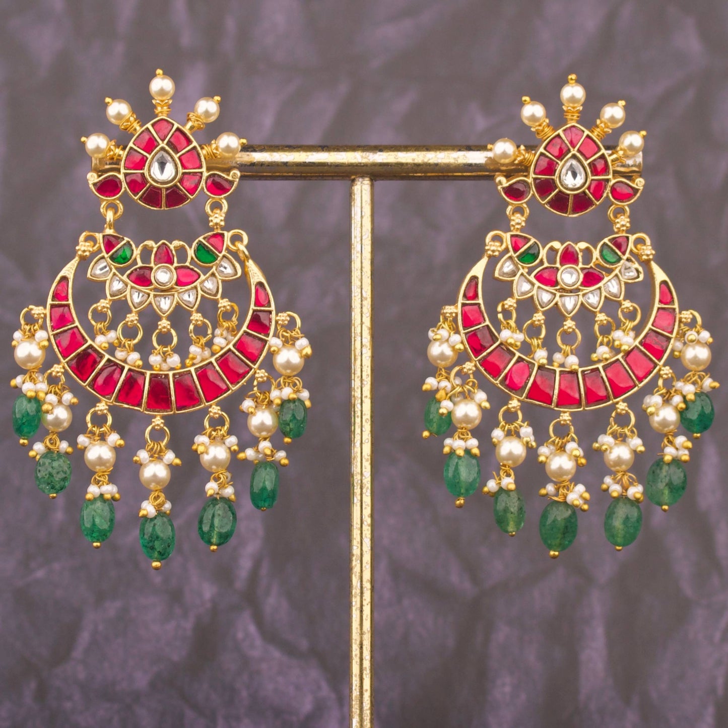 Regal Jadau Kundan Chandbali Earrings With Emerald Hangings