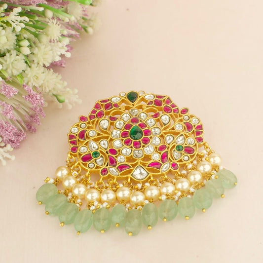 Refined Jadau Kundan Locket with Pearl & Bead Droplets