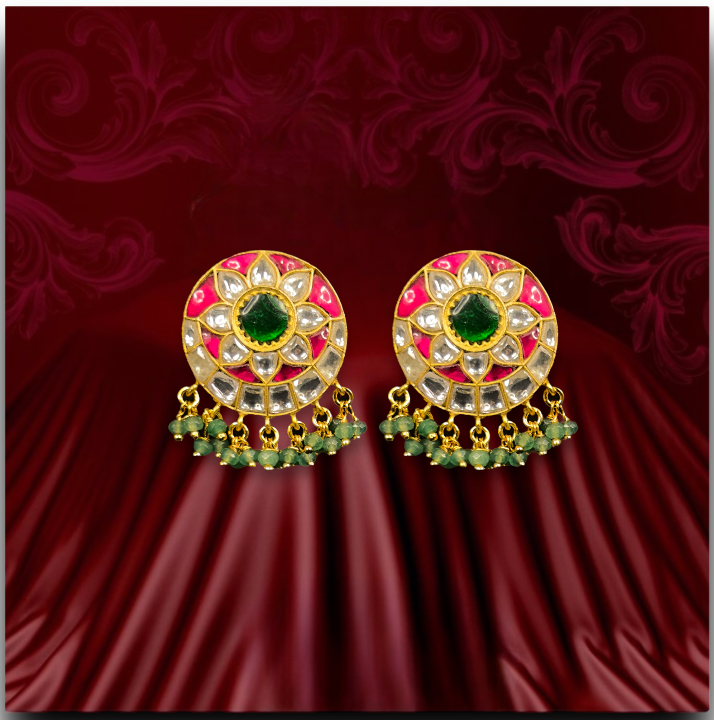 Intricate Flower Jadau Kundan Stud Earrings With Green Beads