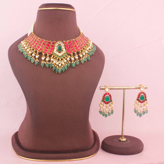 Ethnic Jadau Kundan Necklace Set With Green Beads And Earrings