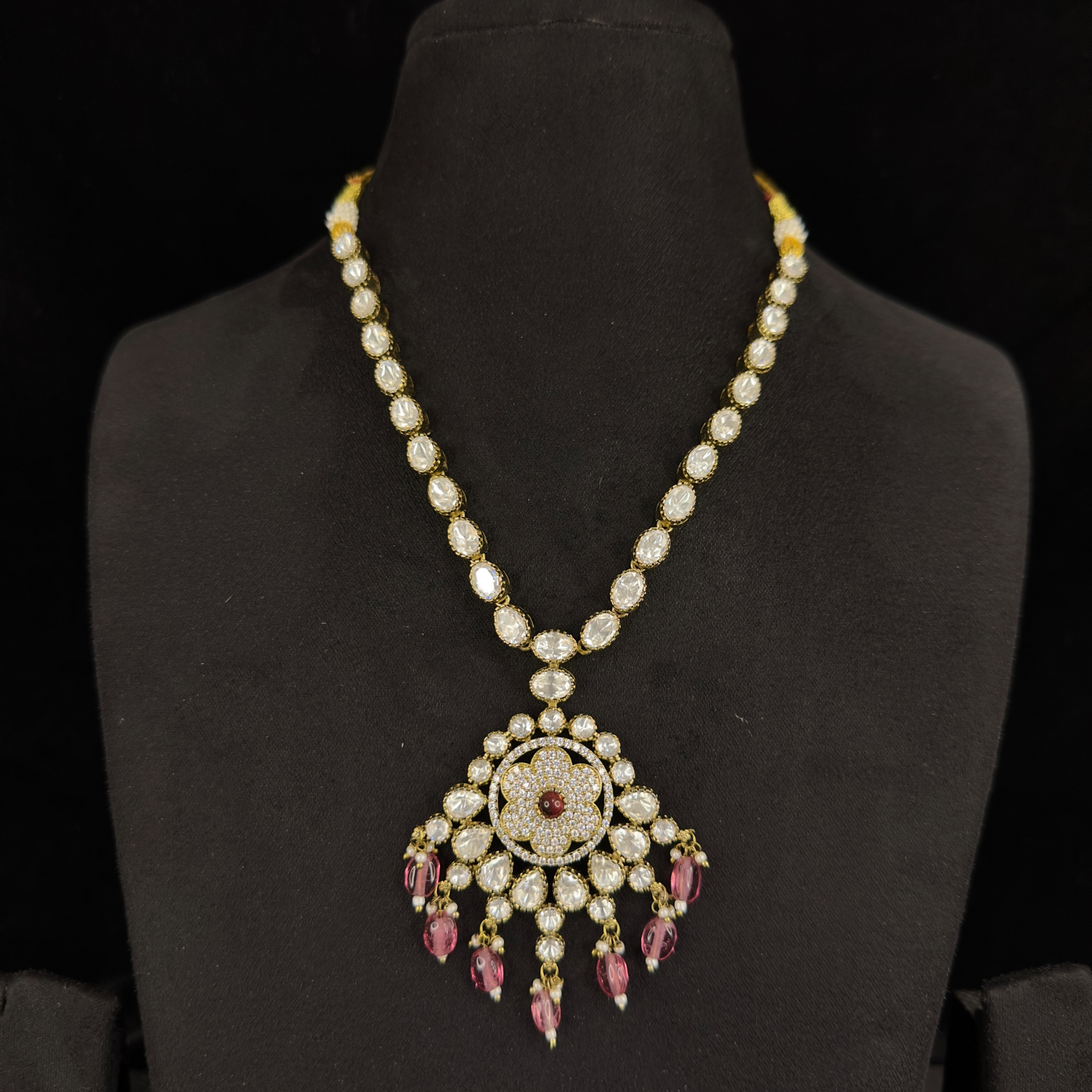 Victorian Zircon Necklace with Pendant & Earrings. This Victorian Jewellery is available in Red & Green colour variants. 