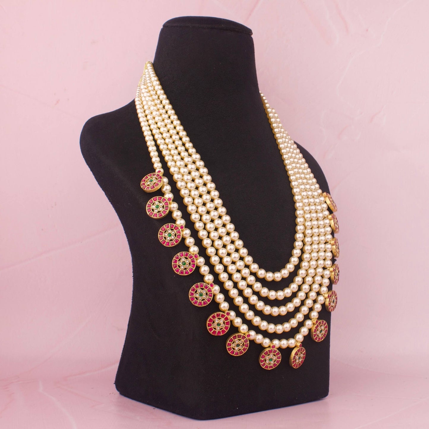 Grand Jadau Kundan Swarovski Pearl Haram With Kundan Lockets