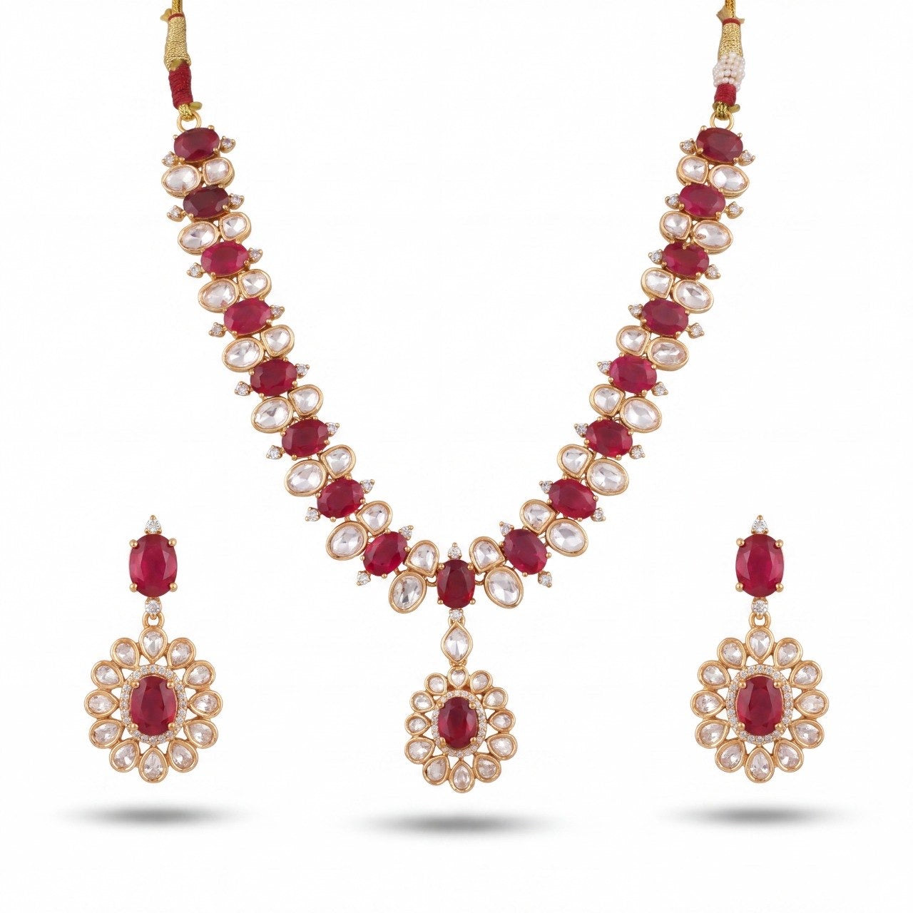Victorian Finish Polki Short Necklace With Matching Earrings