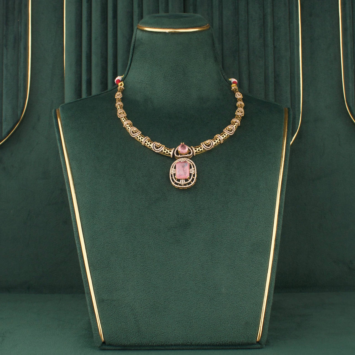 Sleek Victorian Short Necklace With Earrings Craftsmanship & Detail View - Dulhan Jewels