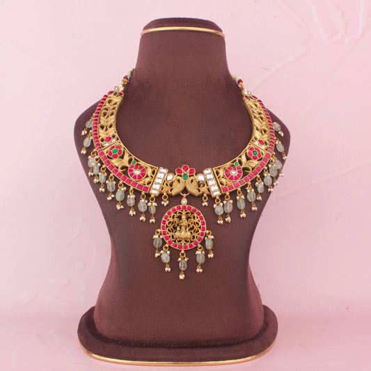 Antique Temple Jewellery Necklace With Lakshmi Pendant And Bead Drops