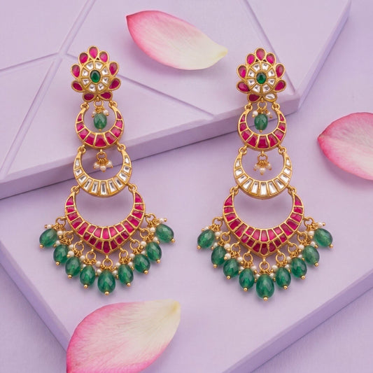 Stylish Jadau Kundan Chand Bali with Floral Peacock Design