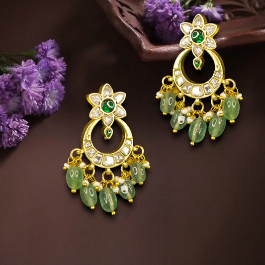 Floral Delight Jadau Kundan Chandbali with Green Drops