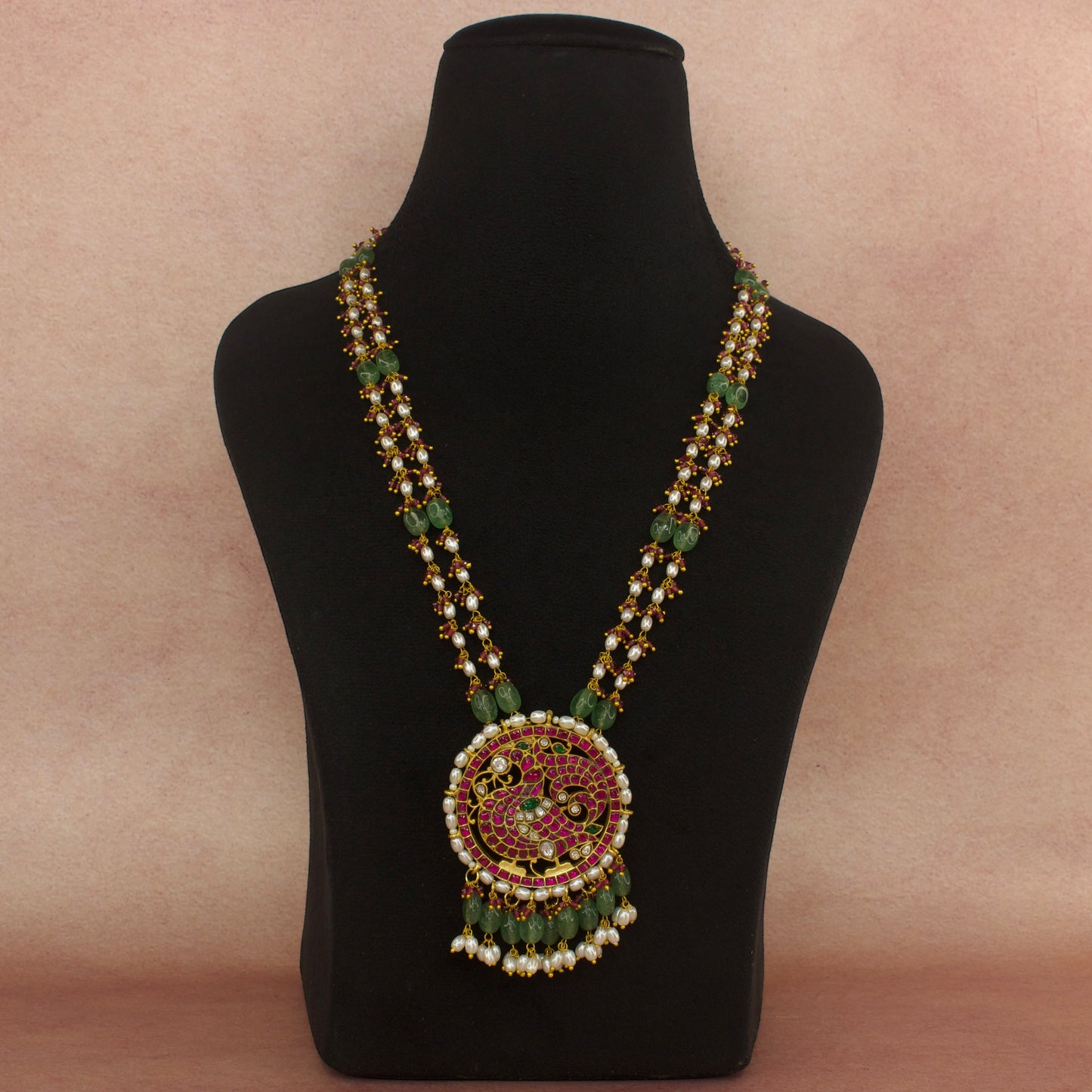 Regal Jadau Kundan Peacock Pendant Beads Mala with 22k Gold plating