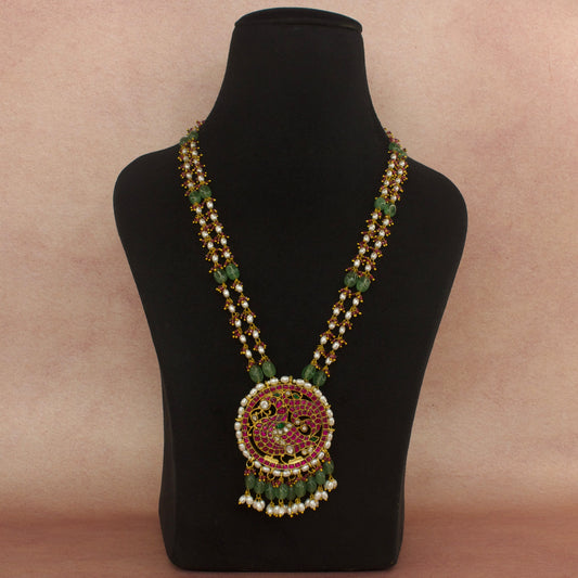 Regal Jadau Kundan Peacock Pendant Beads Mala with 22k Gold plating