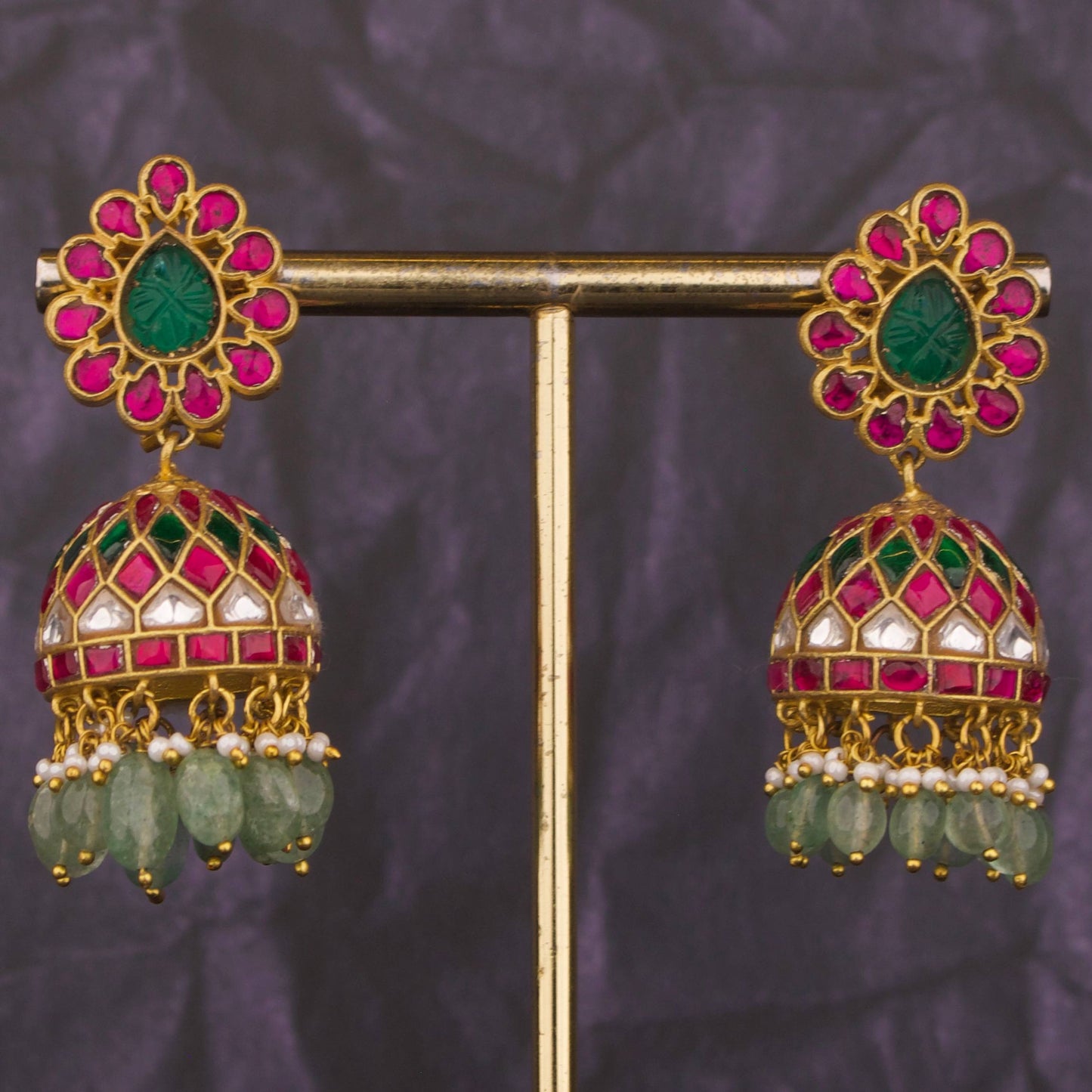 Impressive Design Jadau Kundan Jhumki with Green Beads