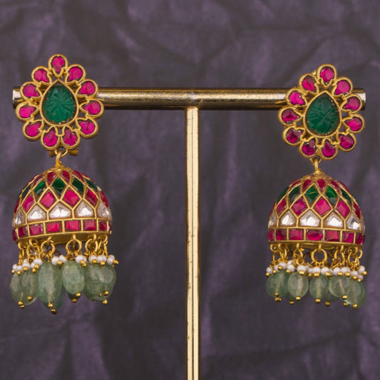Impressive Design Jadau Kundan Jhumki with Green Beads