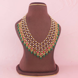 Elegant Kundan Necklace With Pearl Chain And Green Drops - Handcrafted Indian Bridal Jewelry by Dulhan Jewels