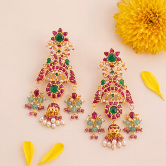 Bridal floral Peacock Design Jadau Kundan Chandbali with Beads