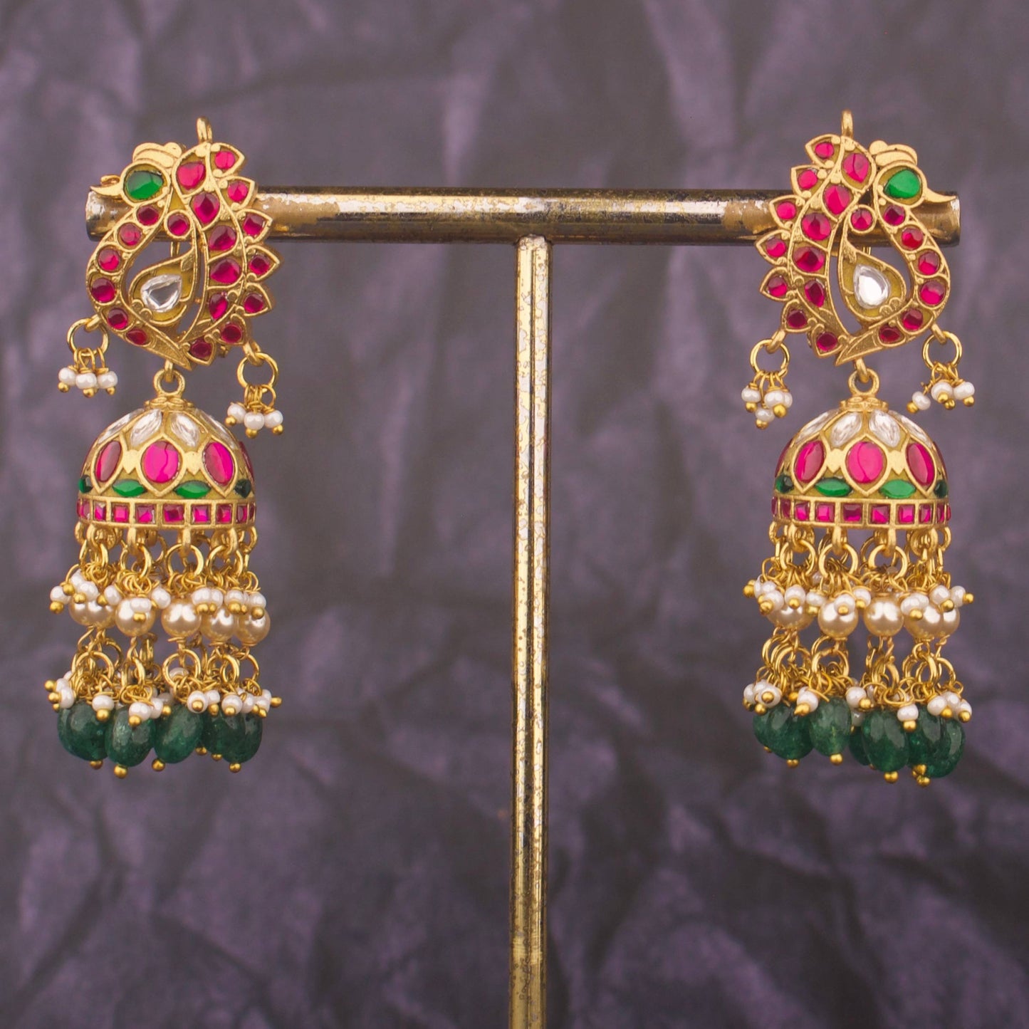 Designer Jadau Kundan Jhumka Earrings With Green Drops