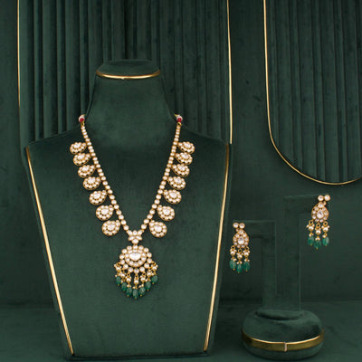 Polki Necklace Set With Green Beads And Matching Earrings