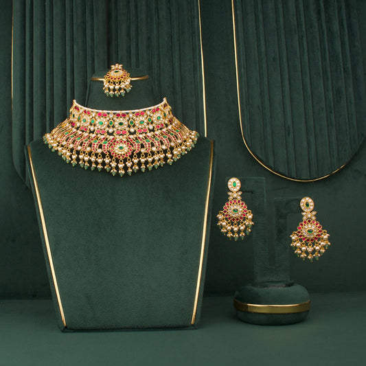 Bridal Jadau Kundan Choker Necklace Set With Maangtikka And Earrings