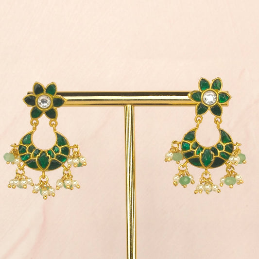 Emerald Blossom Jadau Kundan Chandbali with Pearl Dangles