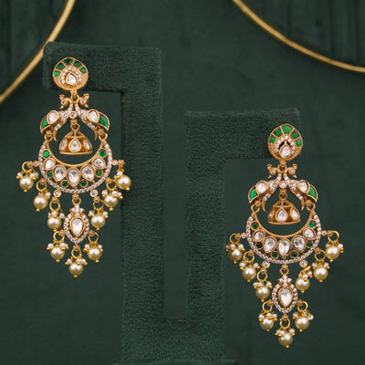 Designer Emerald Victorian Chandbali Earrings With Pearl Drops