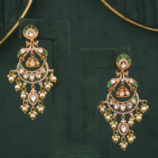 Designer Emerald Victorian Chandbali Earrings With Pearl Drops - Handcrafted Indian Bridal Jewelry by Dulhan Jewels
